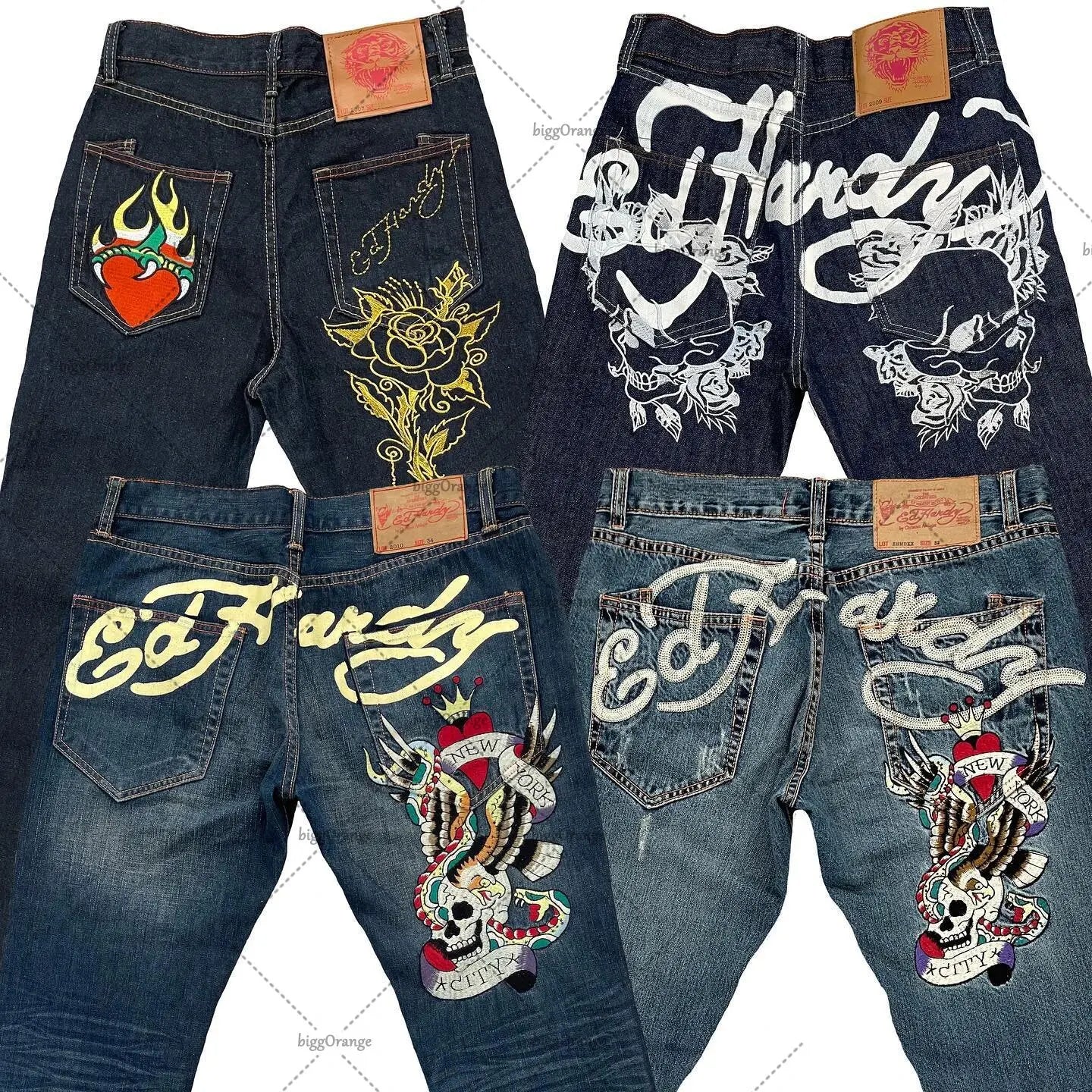Mens Jeans Streetwear Y2K Vintage Straight Leg Denim Pants Skull Rose Flame Print Design Loose Fit Retro Punk Hip Hop Fashion