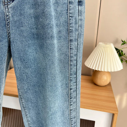 Women's Split Leg Opening Drainpipe Jeans, Casual Ankle Length Denim Pants, Straight Leg, Plus Size, Spring, Autumn, 100kg, 1649