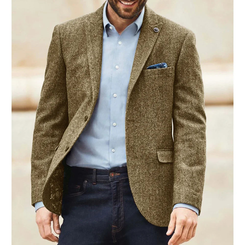 Men's Herringbone Tweed Suit Blazer Classic Notch Lapel Dress Jacket Elegant Slim Fit Fashion Simple Casual Business Outerwear