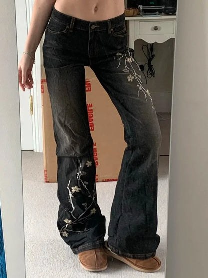 Weekeep Floral Embroidery Jeans Vintage 2000s Low Rise Flared Jeans Women Retro y2k Baggy Denim Pants High Street Basic Trousers