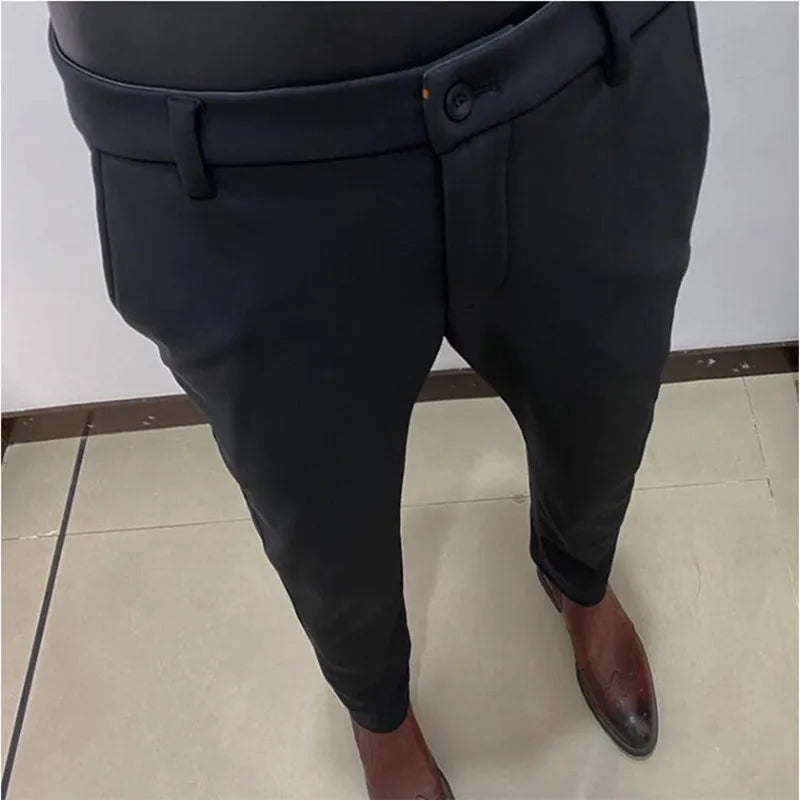 2025 Autumn Winter New With Velvet Warm Casual Pants High Quality Slim Fit Men's Formal Business Office Social Solid Trousers