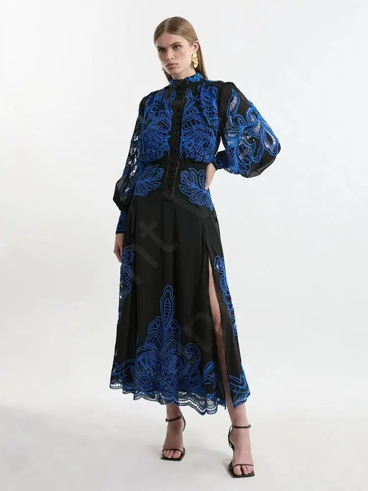 Customized Unique Black Prom Gowns Contrast Color Evening Dresses Lace Long Sleeves Wedding Party Gowns Tea Length Side Slit