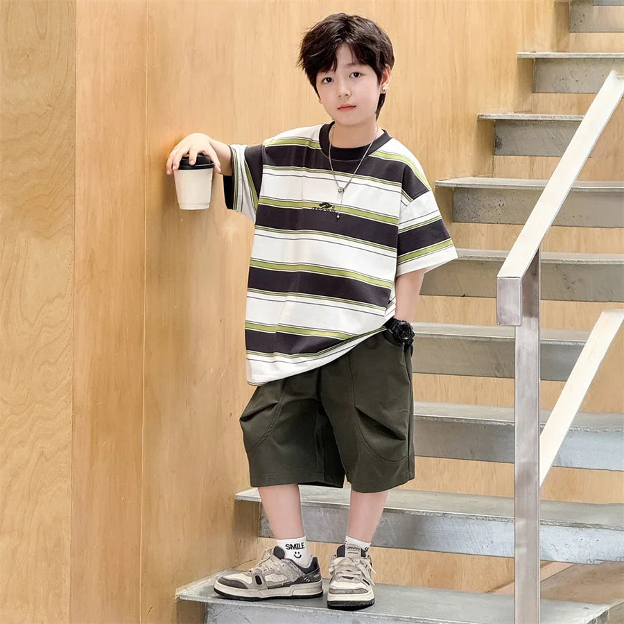 New Arrival Stylish Kids Summer Striped Suit for Teenage Boy Fashion Street Clothing Children Casual T-shirt Shorts 2PCS Set