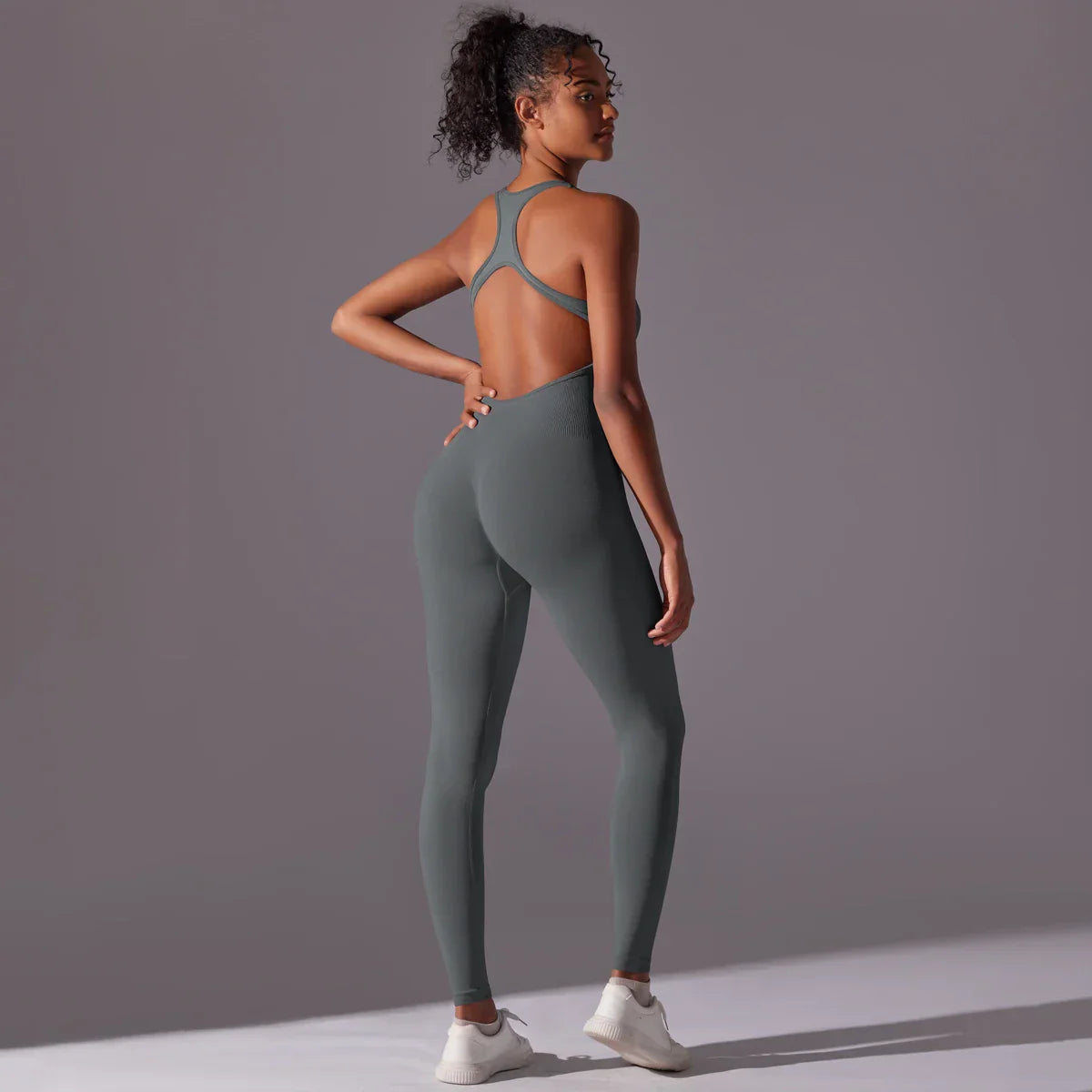 Backless Yoga Bodysuit Women Sports Jumpsuit Fitness Sportswear Workout Set Solid Color Seamless Butt Lifting Yoga Bodysuit