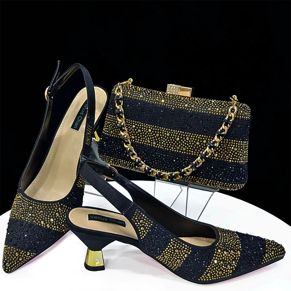 Elegant High Heels Shoes and Bag Set for Women Pointed Toe Black Color Hollow Rhinestones Matching Bag INS 2024