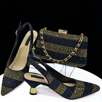 Elegant High Heels Shoes and Bag Set for Women Pointed Toe Black Color Hollow Rhinestones Matching Bag INS 2024