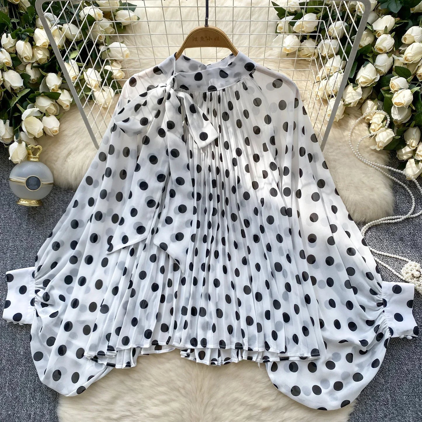 Autumn Leopard Print Blouse Women Bow Neck Long Sleeves Loose Top Korean Style Ins Polka Dot Chiffon Shirt 2025
