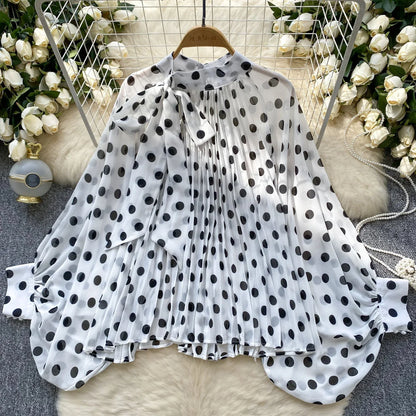 Autumn Leopard Print Blouse Women Bow Neck Long Sleeves Loose Top Korean Style Ins Polka Dot Chiffon Shirt 2025