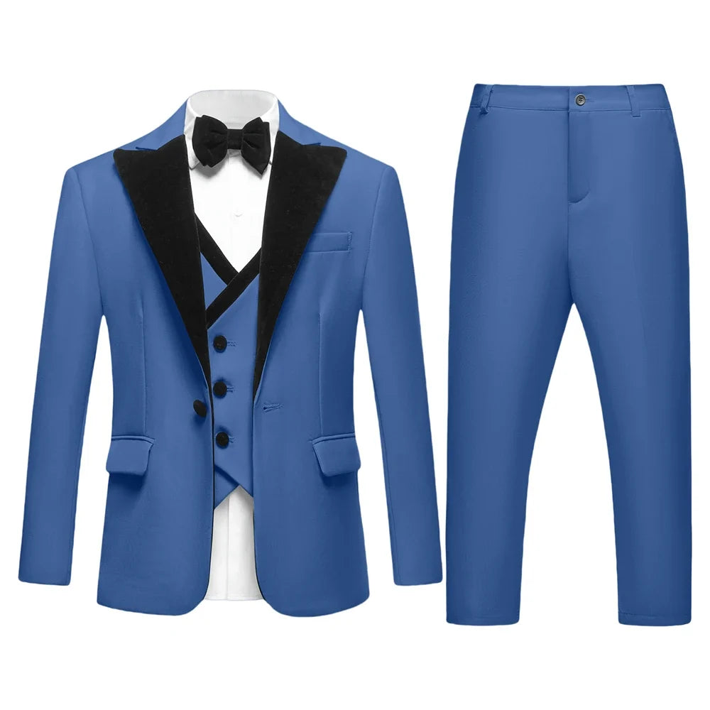 Four Pieces Boys Formal Suit Set, Velvet Collar Blazer Vest Pants Bow-tie Tuxedo Pants, Homecoming Children Wedding Suits