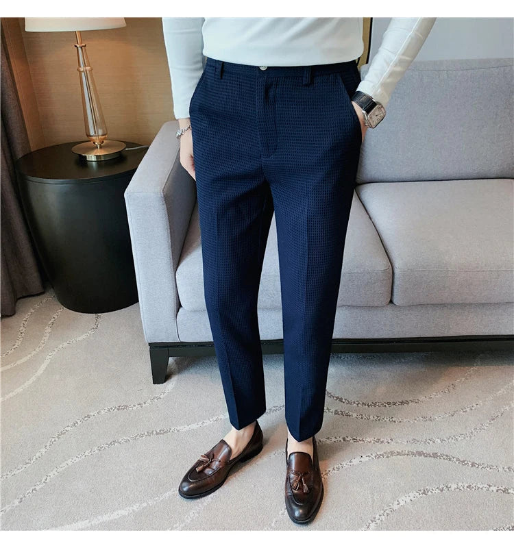 2024 Autumn New Waffle Stretch Waist Business Formal Pants Men Fashion Wedding Slim Trouser Mens Brand Social Party Suit Pants
