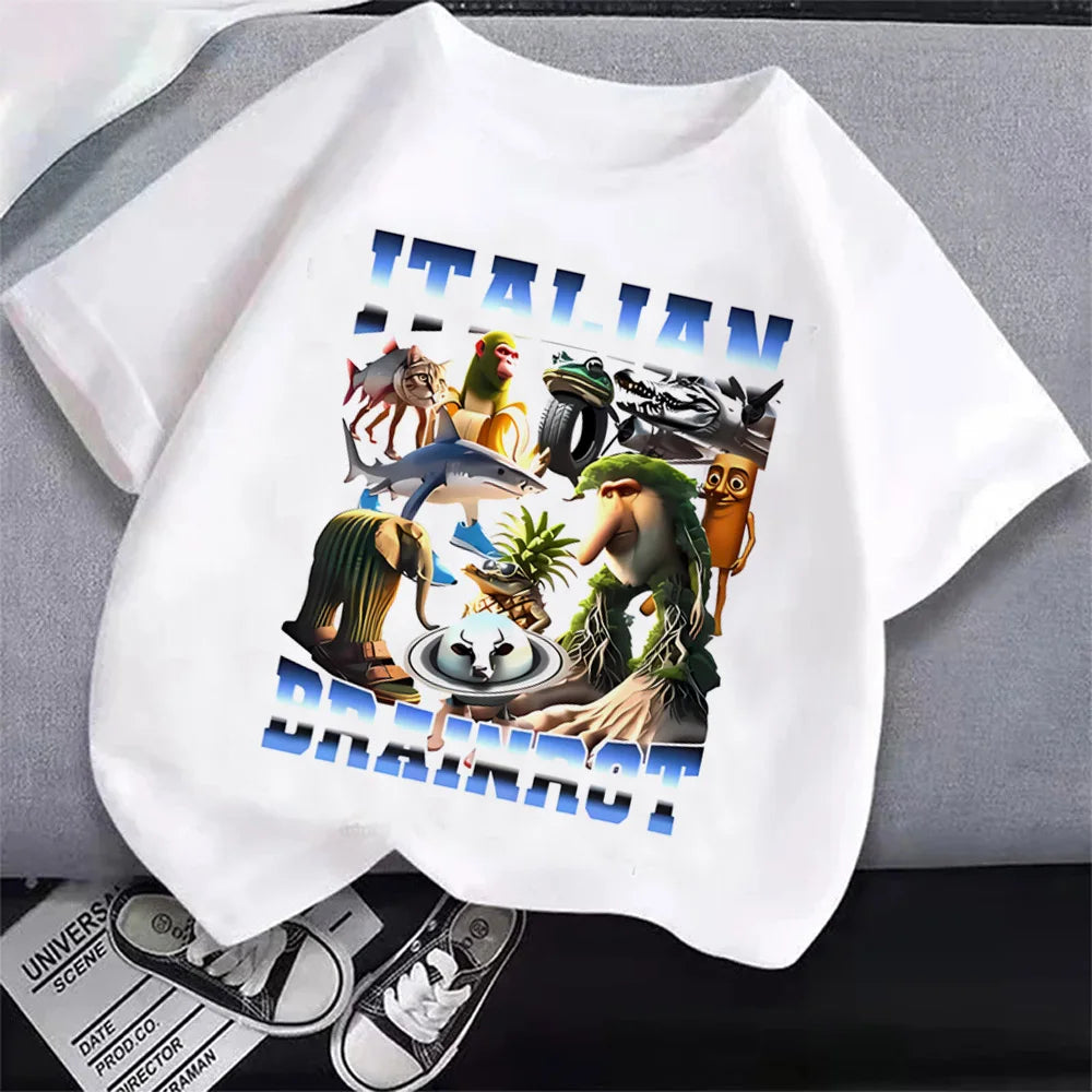 Italian Brainrot T-Shirt Kids Cartoon Anime Print Clothes Round Neck Basic Boys Tops Absorbent Casual Shirts Gift