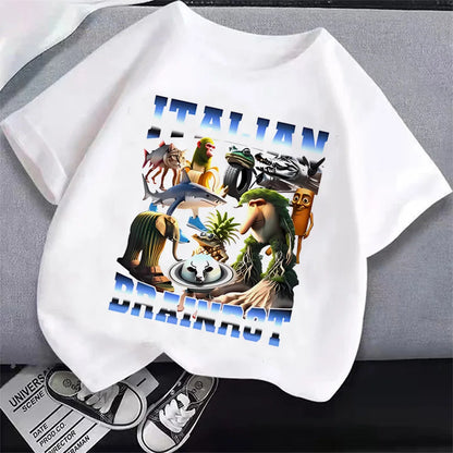Italian Brainrot T-Shirt Kids Cartoon Anime Print Clothes Round Neck Basic Boys Tops Absorbent Casual Shirts Gift