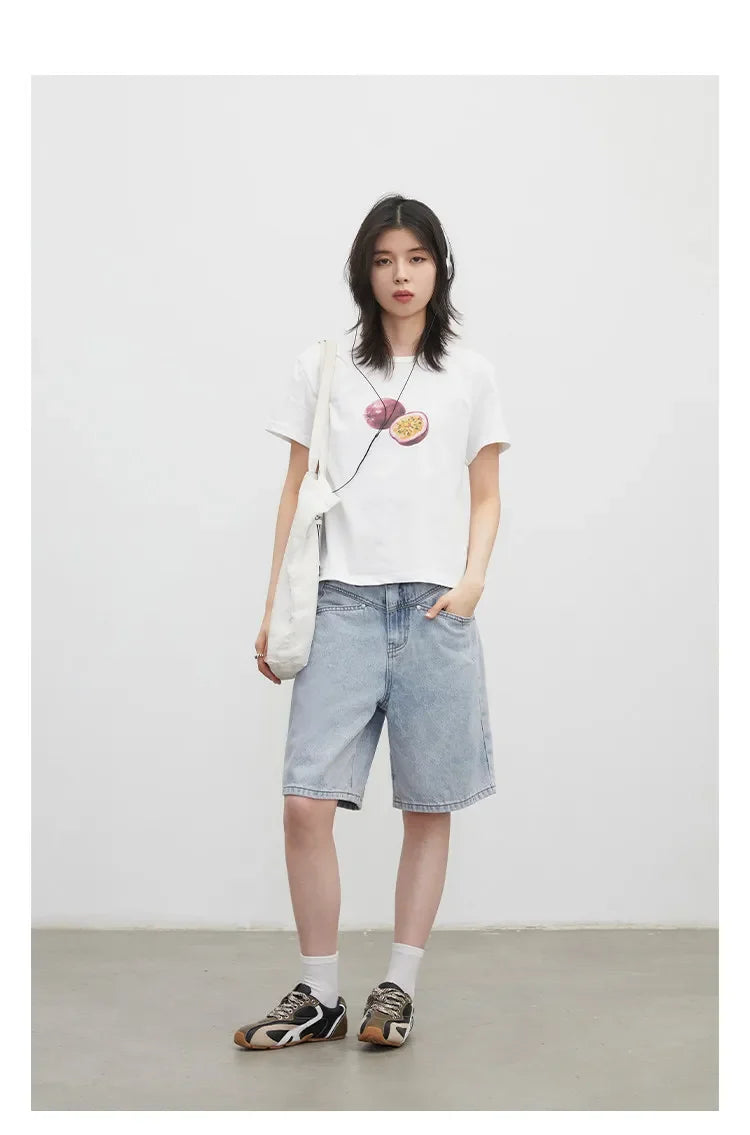 Fashion Women Shorts Mid-length Blue New Dividing Line Design Retro Washed Cotton Straight Leg Short Jeans Summer 2026
