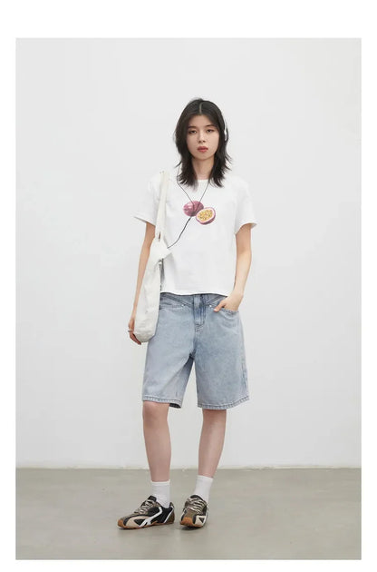 Fashion Women Shorts Mid-length Blue New Dividing Line Design Retro Washed Cotton Straight Leg Short Jeans Summer 2026