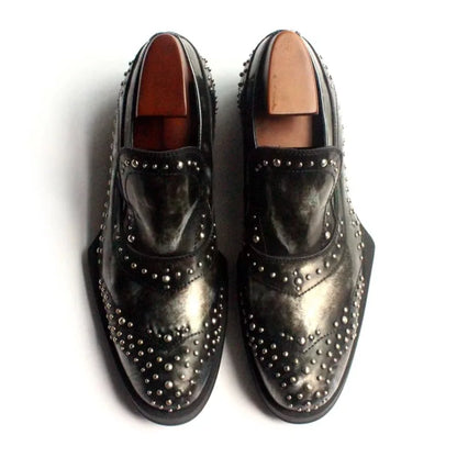 New Shaped Heel Fashion Rivets Leather Shoes Men Handmade Genuine Leather Dress Slip on Loafers Oxfords Office Male Shoes