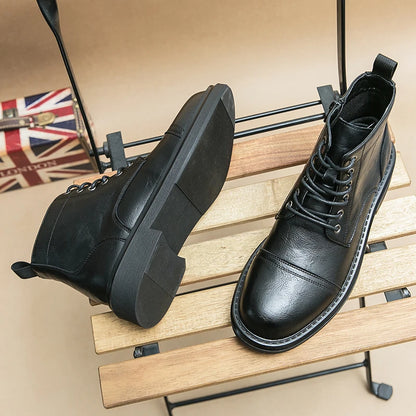 Men Black Leather Boots Casual Lace Up Leather Shoes Size 39-46