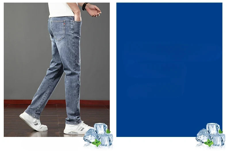 Spring Summer Thin Men's Jeans Fashion Korean Elastic Slim Straight Business Casual Denim Pants Classic Washed Male Trousers