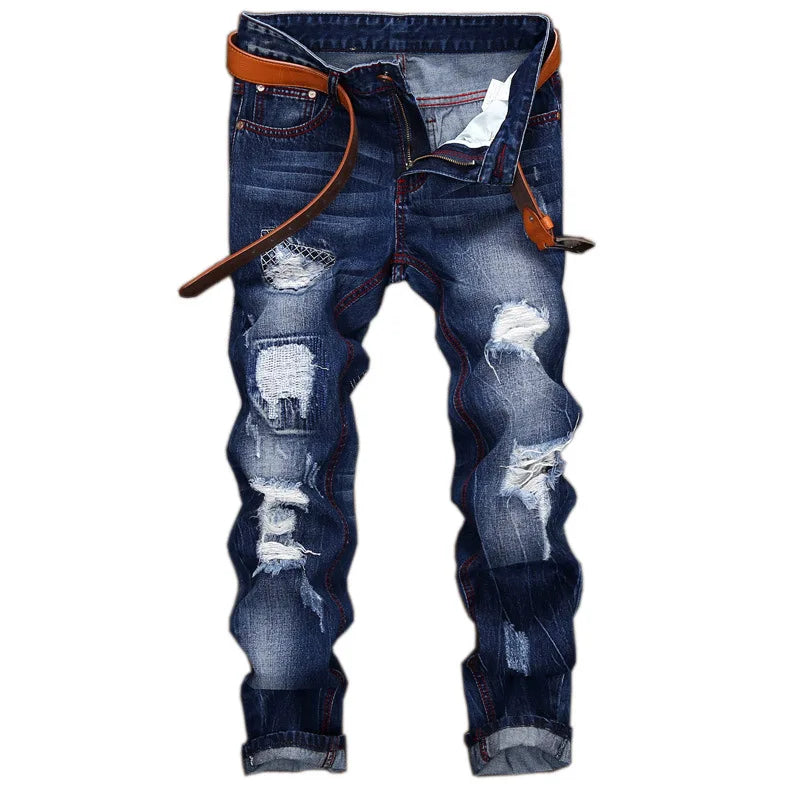2026 New Men's Yellow Jeans, Blue Stretch Biker Trousers, Broken Hole Jeans, Fashion Popular Men Denim Pants Big Size 29-42