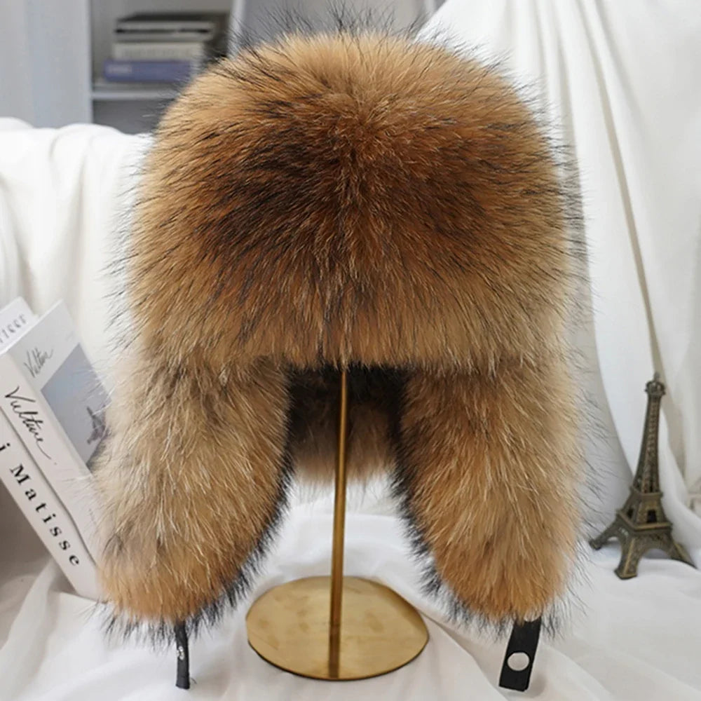 Winter Cap Man 100% Real Sliver Fox Fur Bomber Hat Men's Raccoon Fur Hat Ushanka Cap Trapper Russian Ski Caps Hats Real Fur Hat