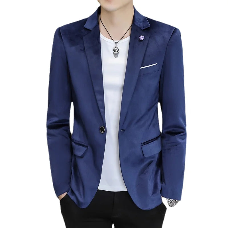 2026 Men's Red Slim Suit Jacket, Long Sleeve Single Button Dress Coat, Asian Size Teenagers Blazers Blue Green Black Male Tops