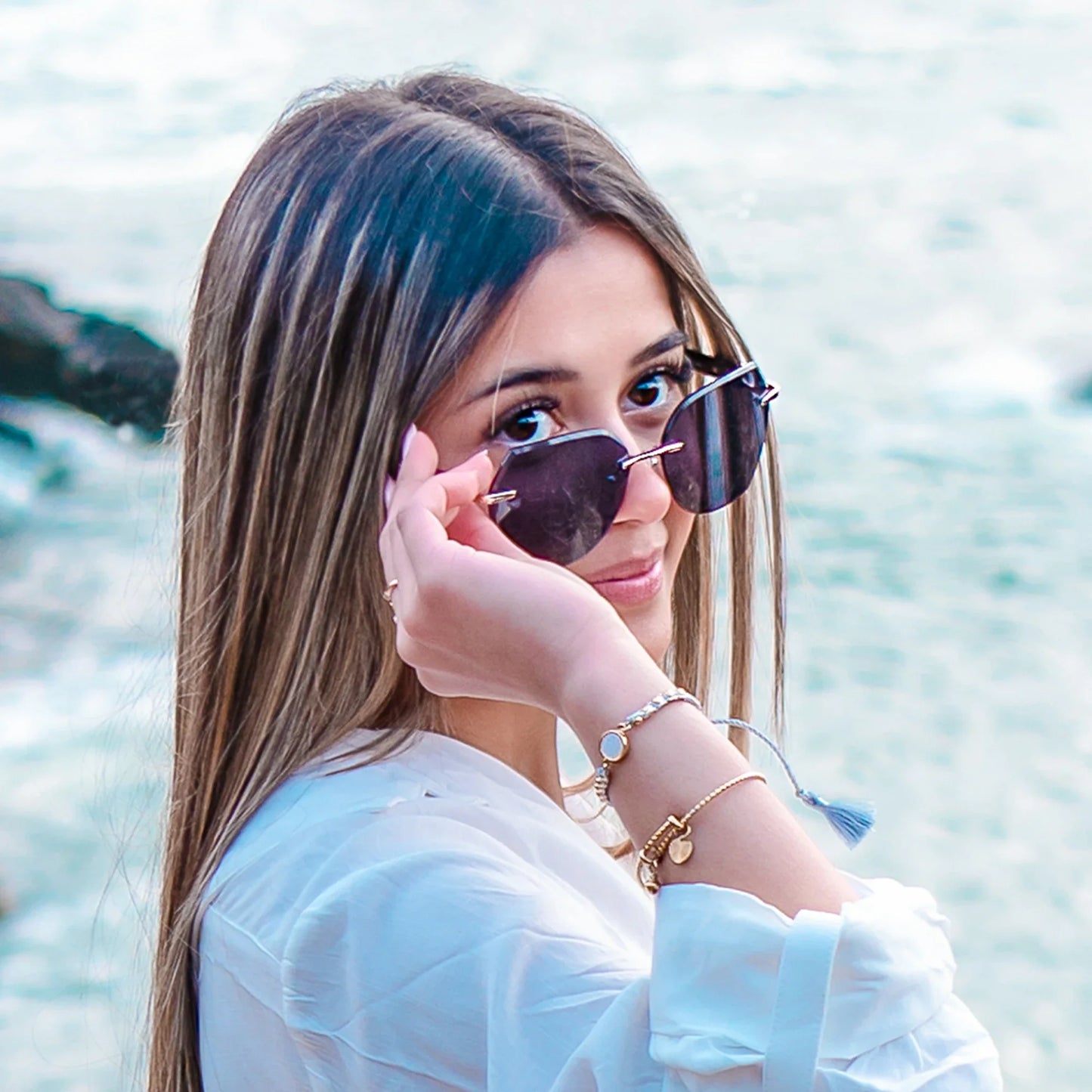 Fashion Women Rimless Sunglasses for Ladies Trendy Geometric Diamond Cutting Gradient Lens UV Protection Shades