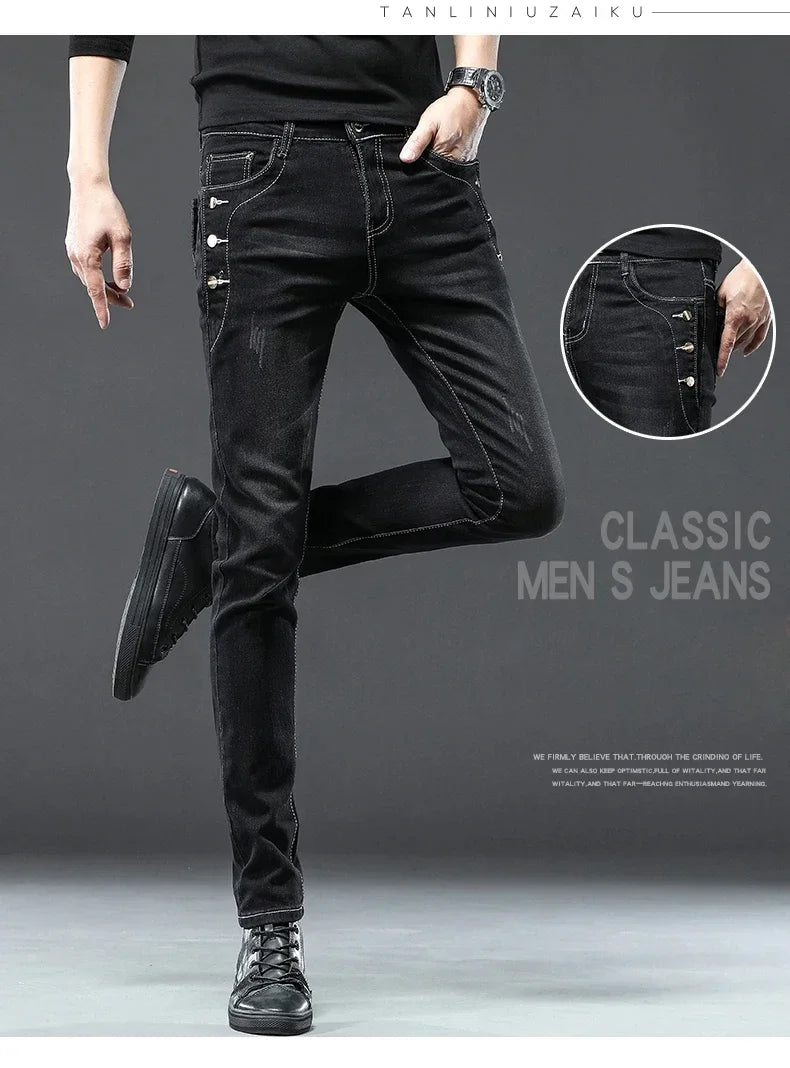 Men's Vintage Jeans Designer Korean Fashion Snowflake Wash Stretch Straight Pencil Pants Classic Slim Male Denim Trousers