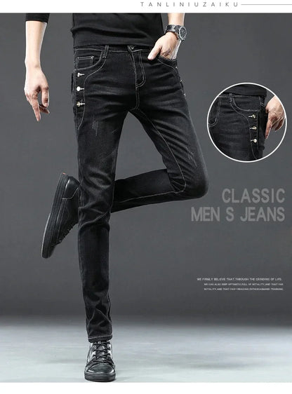 Men's Vintage Jeans Designer Korean Fashion Snowflake Wash Stretch Straight Pencil Pants Classic Slim Male Denim Trousers