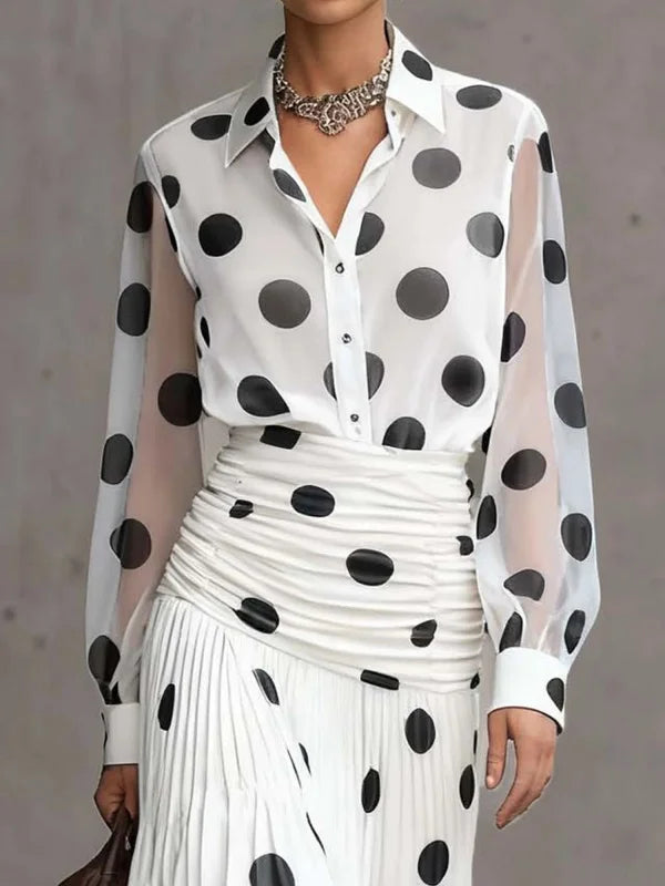 Modigirl Women's Vintage Polka Dot Chiffon Shirt 2026 Semi Sheer Sleeves Slimming Versatile for Daily Office Early Autumn Wear