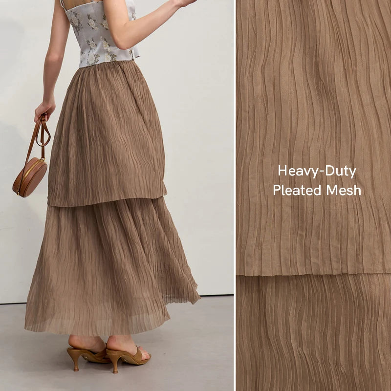 Long Skirt 2026 Spring New Casual Vacation Waist Pleated Mesh Long Skirt Women Loose Solid Versatile Woman Clothes 12621001