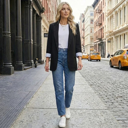 Women Fashion With Pockets Solid Blazer Vintage Notched Neck Long Sleeves Female Chic Lady Outfits