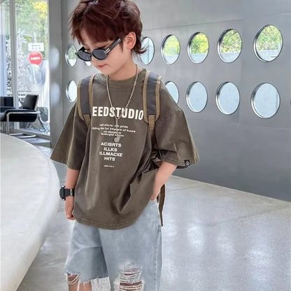 2026 New Boys' Summer 100% Cotton Streetwear Short Sleeve T Shirt Casual Half Sleeve Clothing