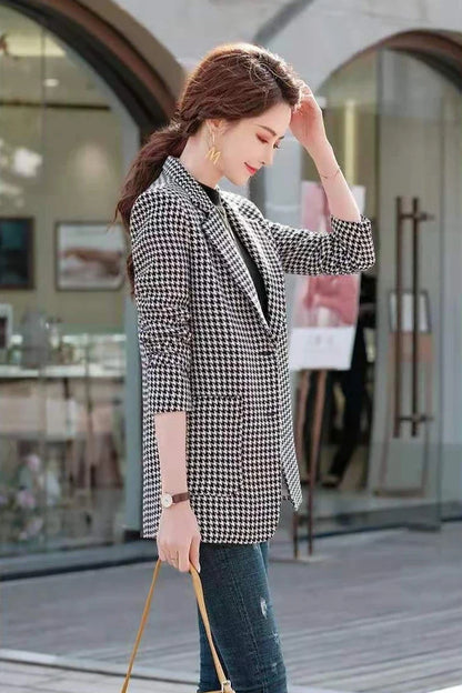 Women's Houndstooth Pattern Blazer Long Sleeve 2025 New Spring Autumn Korean Style Elegant Casual Elegance Daily Wear