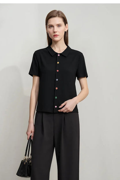 Women's T-Shirt 2026 Summer Lapel Collar Casual Short Sleeve Tee Color Block Button Slim Versatile T Shirts Woman 12652001