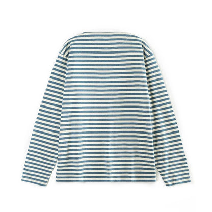 Men Loose Fit One Shoulder Sea Soul Long Sleeve T Shirt Blue White Breton Striped 100% Cotton Versatile Casual Tops