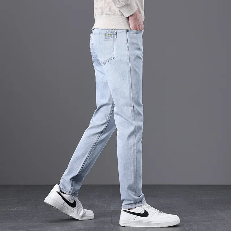 Classic Men Vintage Cloth High Waist Trousers 2024 Autumn Loose Straight Stretch Wash Jeans High Quality Sky Blue Brand Pants