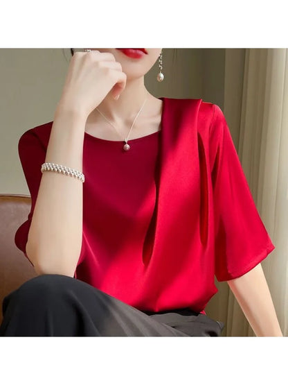 Fashion Casual Loose Ladies Solid Color Silk Short Sleeve T-Shirt Simplicity Elegant Trend Temperament Pullovers O-neck