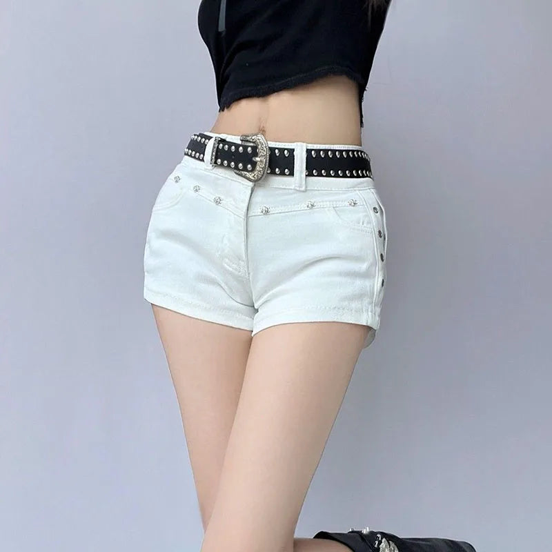 Women's Summer White Denim Shorts Sexy Skinny Elasticity Y2K Short Jeans Female Retro Personality Gothic Rivet Cowboy Shorts
