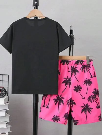 Boys' Coconut Tree Pattern 2-piece Color Contrasting Set, T-shirt and Shorts Set, Suitable for Daily Travel