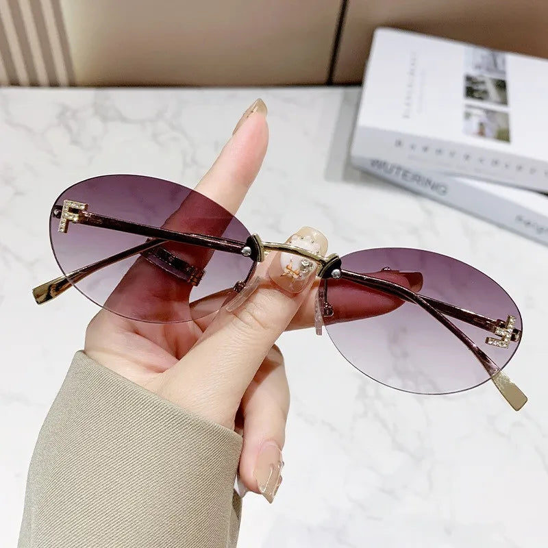 Elegant Diamond Oval Sunglasses Male Letter "F" Rimless Sunglasses  Car Sunglasses  Driving Glasses Sunglasses Women
