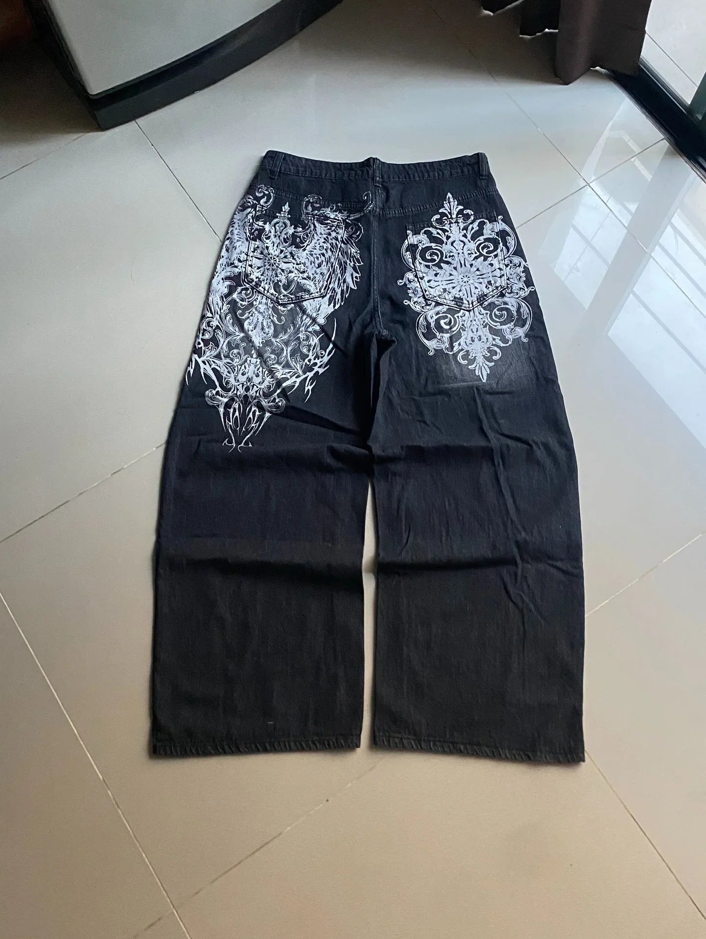 vintage style printing black baggy jeans harajuku trend men women hip hop fashion casual Joker couple Wide-leg pants streetwear