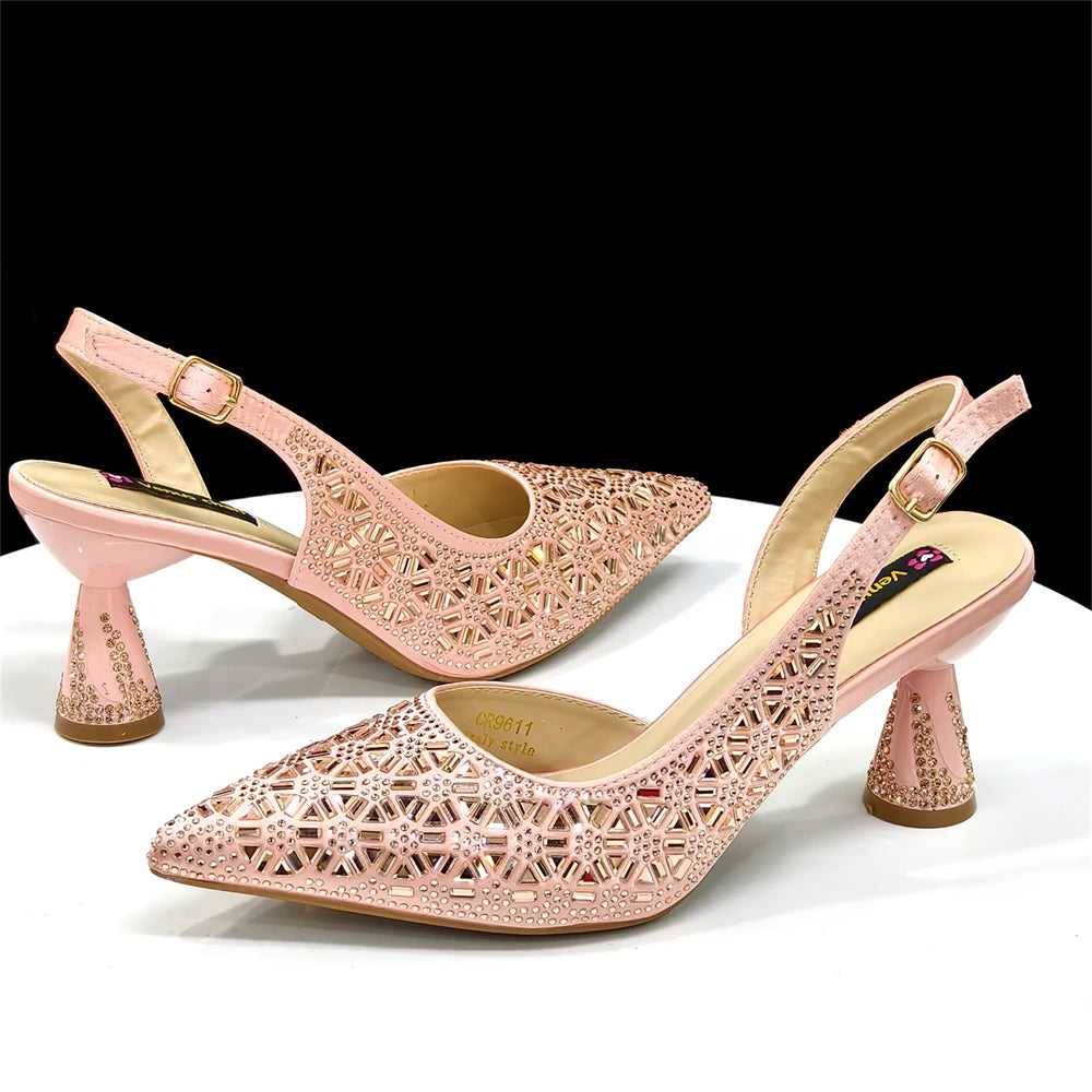 2026 New Elegant Green Pointed-Toe High Heels & Matching Bag Set with Diamond Design for Women's Party Wear - Italian Trend