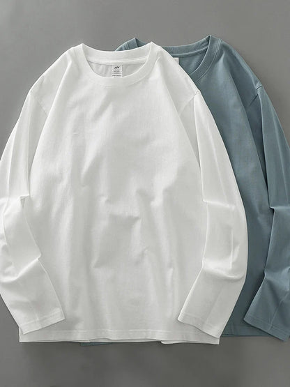 Men's 260G Long Sleeve T Shirts 2025 Spring Pure Cotton Solid Color Basic Crew-Neck Undershirt Men's Loose Tops 11 Color