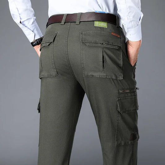 2026 New in Men's Pants Straight Leg Cotton Cargo Trouser Male Stretch Autumn Zipper Multi Pocket Classic Casual Work Wear Army