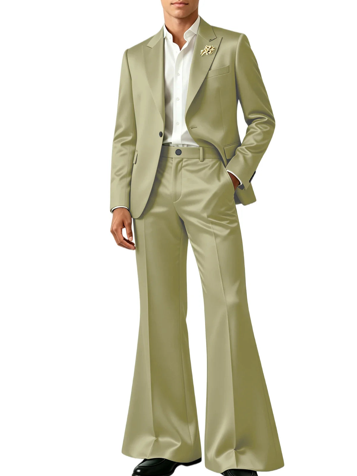 Luxury Men's Shiny Satin Suit 2 Piece Notch Lapel 1 button Jacket Wide Leg Flared Pants Wedding Groom Tuxedo Formal Party