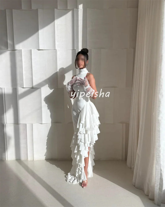 Customized Modern Style Pastrol Chiffon Ruched Ruffle Tiered Mermaid Scoop Neck Long Dresses Bespoke Occasion Dresses Exquisite