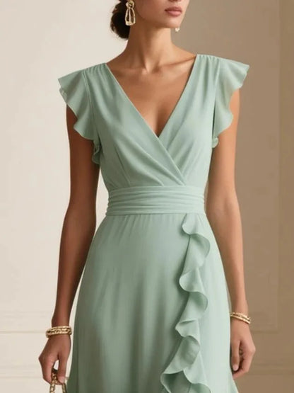 Women's Elegant Solid Color Ruffle Sleeveless Sexy V-Neck Long Dress Fashionable Bohemian Women's Party Evening Maxi Dresses
