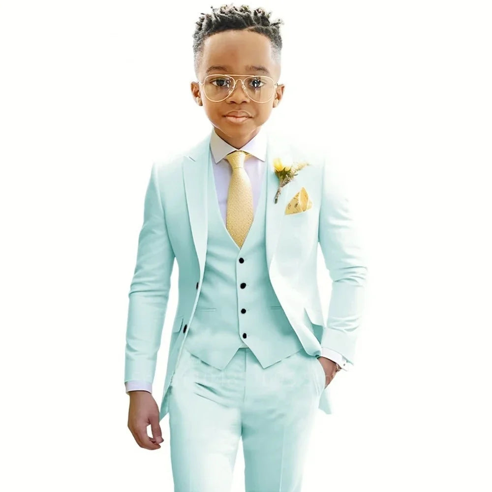 Stylish Boys Suit Wedding Tuxedo Solid Peak Lapel Jacket Vest Pants Party Prom 3 Piece Set Kids Formal Outfit 2-18 Years Old