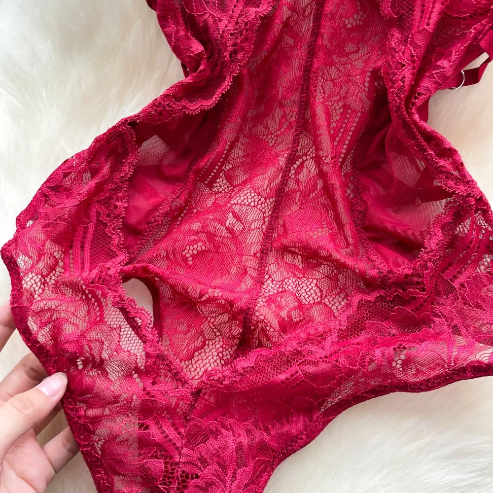 Sexy Lace Push Up Bodysuit See Through Mesh Patchwork Sleeveless Slim Thin One Pieces Elegant Women's Strappy Lingerie