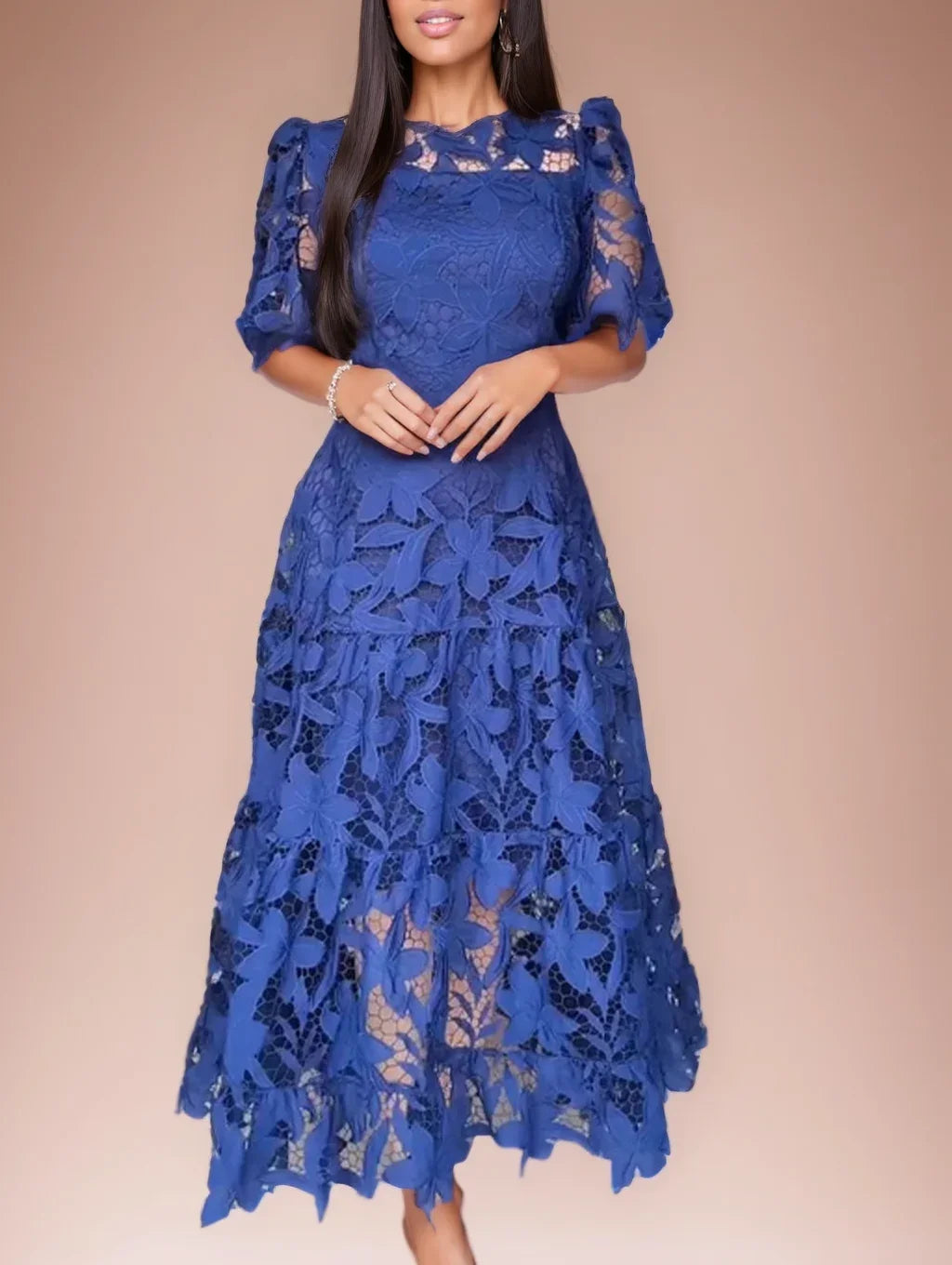 Sexy Lace Hollow High Low Long Formal Plus Size Dress With Short Sleeves Royal Blue