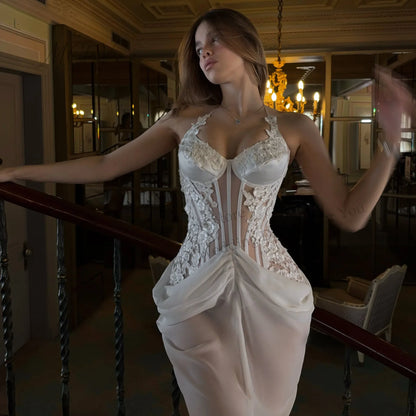 White Chiffon Mermaid Bridal Dress Halter Spaghetti Strap Bodice High Side Slit Lace Up Back Civil Engagement Party Wedding Gown